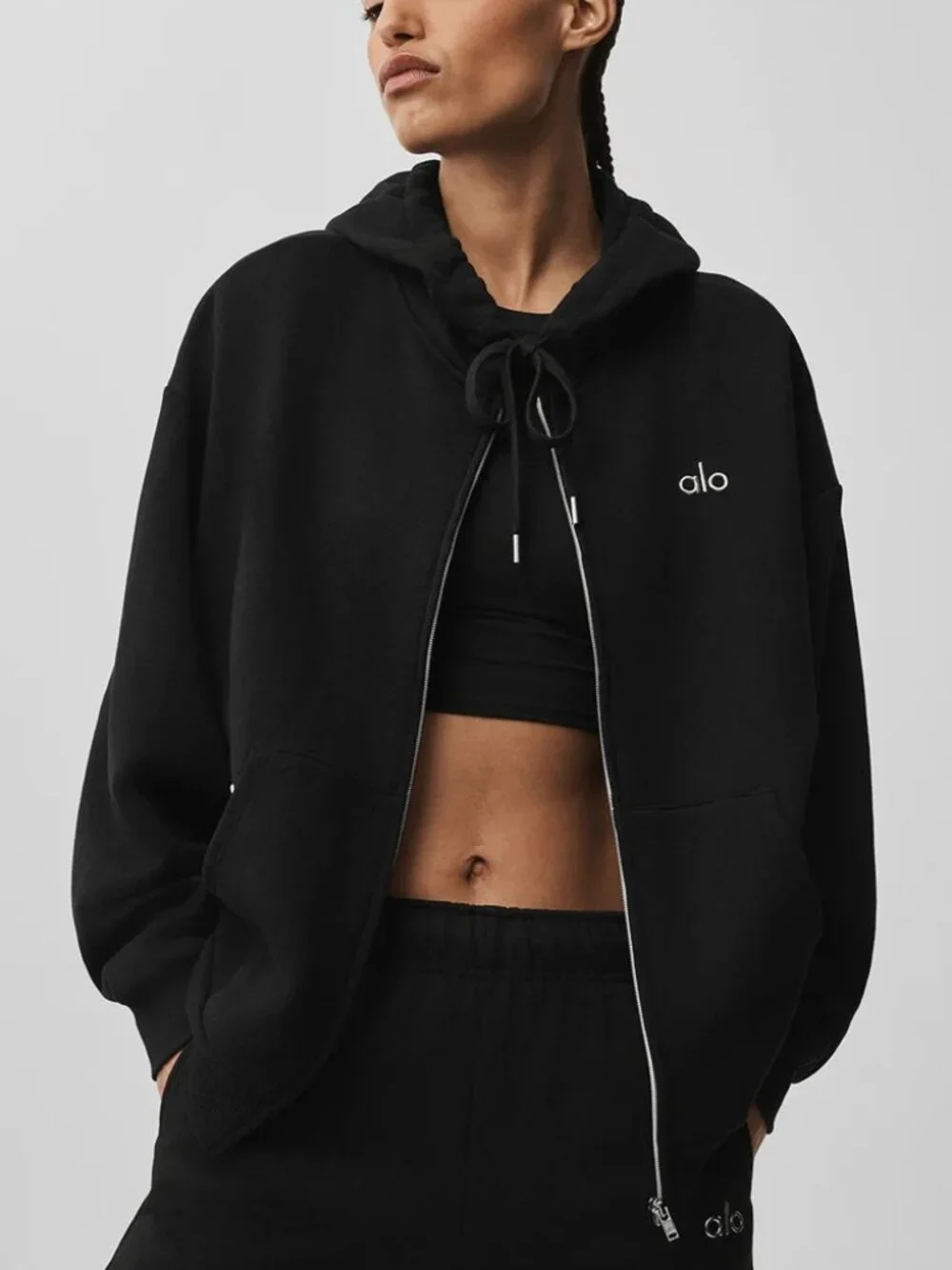 Alo Yoga Accolade Full Zip Hoodie And Straight Leg Sweatpant Set Size S Black